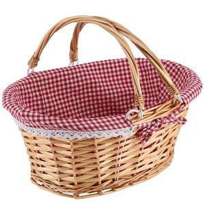 lot 19043 image: MAHIONG Natural Wicker Woven Gift Easter Basket, Hand Woven Empty Willow Woven Basket with Double Folding Handles and Washable Gingham Liner, Wicker Picnic Basket for Egg Candy Fruit Toy Storage