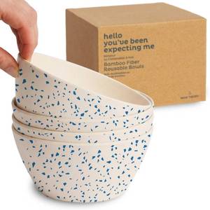 lot 19046 image: Nook Theory 4 Pack Bamboo Bowls - 22 Oz Reusable Toddler and Kids Bowl, Dishwasher Safe - Not Microwavable Bamboo Dishes (Terrablue)