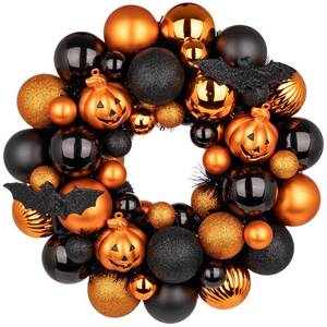 lot 19050 image: Halloween Wreath for Front Door, 13 inch Small Halloween Ball Wreath with Pumpkins Bats Shatterproof Front Door Wreaths OrangeBlack Ball Ornament for Wall Mantel Porch Indoor Outdoor Decor (Some Parts Need Reattatched)