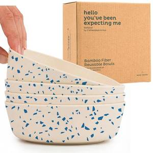lot 19051 image: Nook Theory 4 Pack Bamboo Bowls - 18 Oz Reusable Toddler and Kids Bowl, Dishwasher Safe - Not Microwavable Bamboo Dishes (Terrablue)