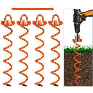 lot 19064 image: FEED GARDEN 16 Inch Spiral Ground Anchors Heavy Duty Screw in Spiral Stakes, 4 Pack Folding Ring Ground Stakes for Securing Dogs,Tents, Trampolines, Canopies, Swing Sets, Orange