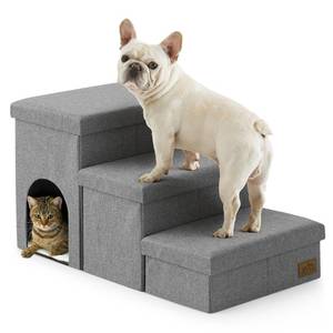 lot 19082 image: Dog Stairs with Storage, 3-Step Wider Sturdy Dog Steps for SmallMediumLarge Dogs and Older Cats, Doggie Ramp with Condo for BedCouchCar Hold Up to 180 lbs (17.7in H, Grey)