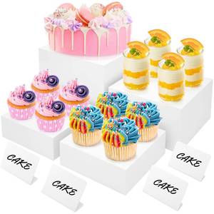lot 19093 image: BreeziiDesign 8in Buffet Risers with Mini Signs, Buffet Table Risers and Stands, Acrylic Cube Display Box for Catering Party Table Food Display, Dessert, Cakes - White, Set of 3 Boxes (3 Pack)