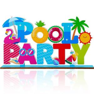 lot 20009 image: Pool Party Decorations Wood Table Centerpieces 11.81in x 6.37in Summer Pool Party Table Decorations Hawaiian Party Decor Sign for Summer Holiday Party Tabletop Decor