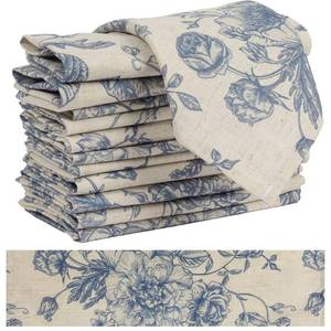 lot 20401 image: Blue Floral Cloth Napkins Set of 12, Vintage Linen Cotton Dinner Napkins 15x15 Inch - Reusable, Cottagecore Aesthetic Party Decorative Napkin Towels for Everyday Use, Weddings, and Holiday