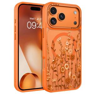 lot 20466 image: DOMAVER for iPhone 17 Pro Max Case, Magnetic Phone Case for iPhone 17 Pro Max Compatible with MagSafe Slim Fit Flowers Floral Design Shockproof Protective Bumper Women Men Girls Boys Cover - Orange