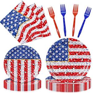 lot 20472 image: 96 Pieces American Flag Plates and Napkins Patriotic Party Plates, 4th of July Disposable Tableware with Paper Plates, Napkins, Forks for Veterans Day Independence Day Decorations - Serves 24