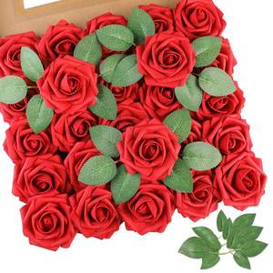 lot 20483 image: AmyHomie Red Rose 25pcs Real Looking Artificial Flowers wStem