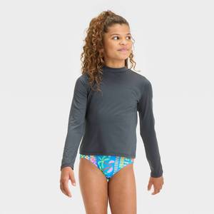 lot 2031 image: Girls Long Sleeve Solid Rash Guard Top - Cat & Jack Black M UPF 50, Fit, Jersey Fabric