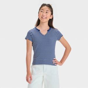 lot 2064 image: Girls Short Sleeve Notched Neck Striped Graphic T-Shirt - art class BlueWhite S