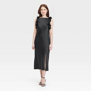 lot 8001 image: Womens Ruffle Sleeve Satin Maxi Dress - A New Day Black L Crew Neck, Pullover, Midweight, A-Line