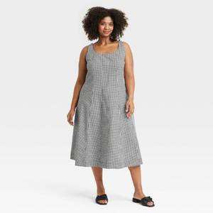lot 8002 image: Womens Corset Midi A-Line Dress - A New Day Black Gingham 20 Cotton Rayon Blend, Side Zipper, Pockets