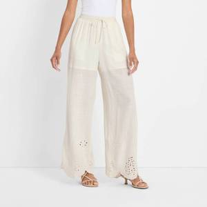lot 8018 image: Womens High-Rise Wide Leg Embellished Eyelet Pull-On Pants - Future Collective Cream L