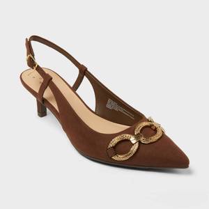 lot 8020 image: Womens Tabitha Oversized Chain Sling Back Heels with Memory Foam Insole - A New Day Brown 8 Pointed Toe, Louis Heel, Buckle Closure