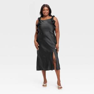 lot 8023 image: Womens Ruffle Sleeve Satin Maxi Dress - A New Day Black XXL Recycled Polyester, Midweight, Pullover, Crew Neck, A-Line
