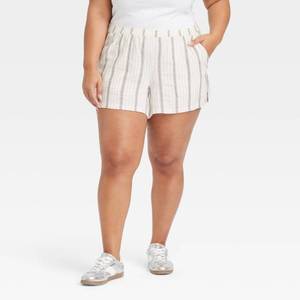 lot 8029 image: Womens Mid-Rise Linen Pull-On Shorts - Universal Thread CreamGray Striped XXL Relaxed Fit, Front Pocket