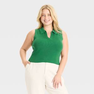 lot 8033 image: Womens Polo Collar Pullover Sweater Tank - A New Day Green XXL