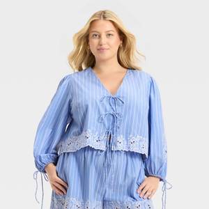 lot 8043 image: Womens Long Sleeve Eyelet Tie-Front Poplin Blouse - Future Collective Blue Striped 1X