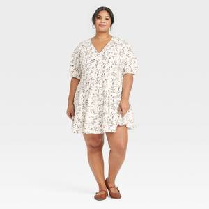 lot 20139 image: Womens Bell Elbow Sleeve Mini A-Line Dress - Universal Thread White Floral 1X V Neck, Side Pocket, Woven Fabric