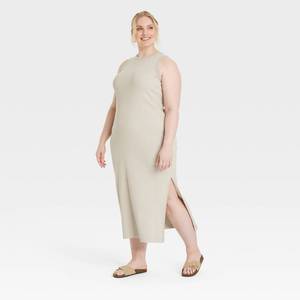 lot 20149 image: Womens Rib-Knit Maxi Bodycon Dress - Universal Thread Tan 1X Highneck, Sleeveless, Side Slit, Heavyweight