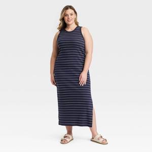lot 20150 image: Womens Rib-Knit Maxi Bodycon Dress - Universal Thread Navy Blue Striped 1X Heavyweight Cotton Blend, Highneck, Sleeveless, Side Slit