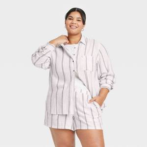 lot 20151 image: Womens Long Sleeve Collared Linen Button-Down Shirt - Universal Thread GrayWhite Striped 4X Relaxed Fit, Midweight, Machine Washable