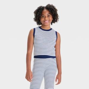 lot 20153 image: Girls Striped Ribbed Sweater Tank Top - art class Navy Blue XXL Lightweight Knit Pullover, Below Waist