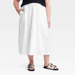 lot 20155 image: Womens Tie-Front Midi A-Line Skirt - Universal Thread White XXL High Rise, Side Pocket, Elastic Waistband