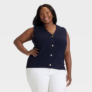 lot 20160 image: Womens V-Neck Shaker Stitch Button-Front Cardigan Sweater - Ava & Viv Navy Blue 1X