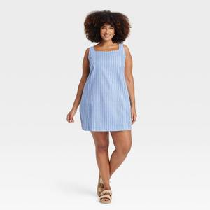 lot 20174 image: Womens Tank Mini Shift Dress - A New Day BlueWhite Striped 4X Cotton Linen Blend, Squareneck, Wide Straps