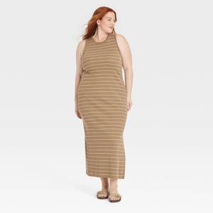 lot 20179 image: Womens Rib-Knit Maxi Bodycon Dress - Universal Thread Brown Striped 1X Highneck, Side Slit, Sleeveless