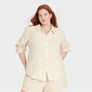 lot 20193 image: Womens Gauze Long Sleeve Collared Button-Down Shirt - Universal Thread Cream 1X Cotton Blend, Below Hip Length