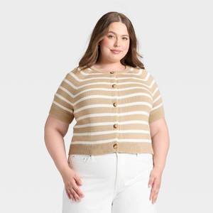 lot 20202 image: Womens Short Sleeve Cotton Cardigan Sweater - Universal Thread Tan Striped 2X