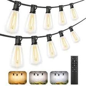 lot 13662 image: Brightever 3 Color in 1 LED Outdoor String Lights with Remote, 100FT Edison Hanging String Lights for Outside Dimmable, Outdoor Lighting for Patio Caf Bistro with 52 ST38 LED Bulbs, 2700K4000K5000K