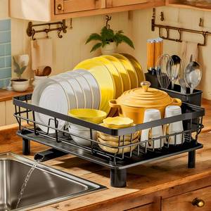 lot 1652 image: MOUKABAL Dish Drying Rack with Drainboard for Kitchen Counter, Black