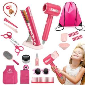 lot 1656 image: 23 Pcs Hair Salon Girls Toys Kids Pretend Play Toys Toddler Dress Up Beauty Salon Set Stylist Kit with Hairdryer Flat Apron Scissors Curling Accessories Girl Gifts (with Storage Bag)