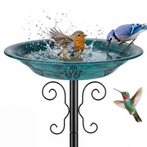 lot 1665 image: BOLITE Metal Bird Bath for Outdoors, 4-Prong Ground Stake, Antique Green