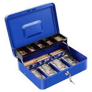 lot 1691 image: Cash Box with Lock Key and Money Tray - Large Money Box for Cash Register, Metal Lock Box for Money Safe 11.8 x 9.4 x 3.54 Blue