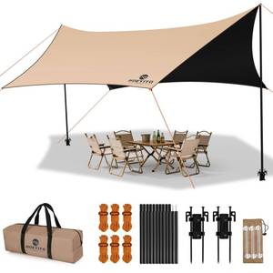 lot 1702 image: Camping Tarp with Poles & Retainer, 15x12.5FT Large Waterproof 210D Oxford Cloth Camping Canopy, Anti-UV UPF100 Camping Awning Tent Tarp Car Awning for Outdoor, Picnic, Car, Hammock, Traveling (Gold)