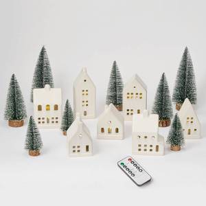 lot 1704 image: SOONOW Christmas Village Set - Ceramic Houses, Remote LED Tea Lights, Trees