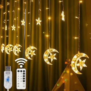lot 1710 image: LJLNION Star Moon Curtain String Lights 138 LED, Window Curtain Lights, USB Plug with Remote Control, 8 Lighting Modes for Home Holiday Ramadan Christmas Wedding Party Patio Lawn, Warm White