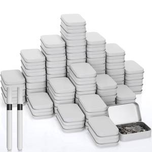 lot 1711 image: meekoo 162 Pcs Metal Small Tins with Lids Empty Rectangular Hinged Tins Storage Container Kit Includes 80 Tin Box 3.7 x 2.4 x 0.8 Home Organizers with Lid 80 Adhesive Tags 2 Black Pen(Milky White)