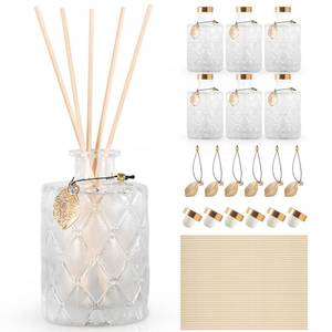 lot 1721 image: Glass Reed Diffusers Bottles for Home, Diffuser Bottles with 40PCS Reed Diffuser Sticks, Vintage Embossed Apothecary Style Flower Bud Vases with Cork Lids, Set of 6