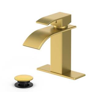 lot 1730 image: Ryuwanku Waterfall Bathroom Faucet, Brushed Gold Stainless Steel, 1-Handle