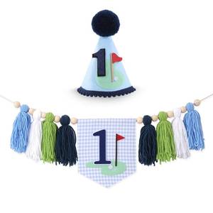 lot 2011 image: Golf 1st Birthday HighChair Banner and Hat Hole in One Blue Gingham Set