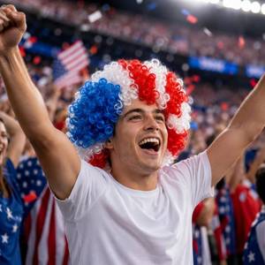 lot 2038 image: builson USA Flag Costume Wigs �� American Party Funny Curly Wig, Short Cosplay Clown Wig for Sports Fans, 2026 World Soccer Fan Gear (USA Red White Blue Wig)