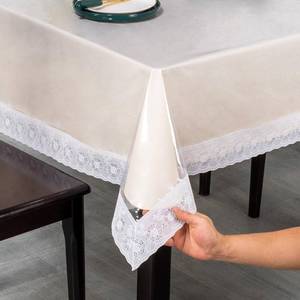 lot 2054 image: Lace Trim Tablecloth, Crystal Clear Vinyl, Waterproof Plastic Table Cover with Decorative White Border for Dining Tables (60x122in)