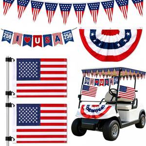 lot 2067 image: 4th of July Golf Cart Parade Decor Kit - Golf Cart Flags 12x18 2PCS,Pleated Fan Flag,Banner, 250th Anniversary Patriotic US Flag for Boat, Bike, Golf Cart & Independence