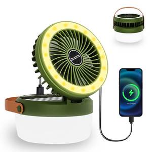 lot 2133 image: 3-in-1 Camping Fan, Portable Solar Fan Rechargeable with LED Lantern, Battery Powered & Solar Camping Fan Light with Hanging Hook for Tent, 3 Speeds USB Fans for Camping Essentials, RV Travel, Outdoor