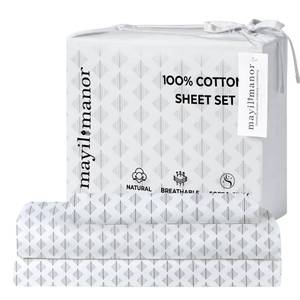lot 2160 image: Mayil Manor Twin Fitted Sheet with 18 Deep Pockets, Flat Sheet - Percale Weave Natural - Breathable 100% Cotton Bedding, 1 Fitted Sheet  1 Flat Sheet  1 Pillowcase - Grey Ida Print